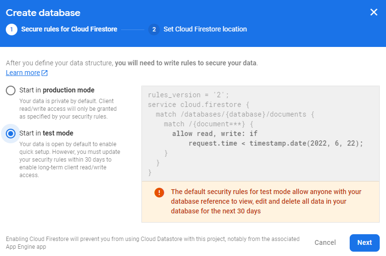 Selecting mode for Firestore database