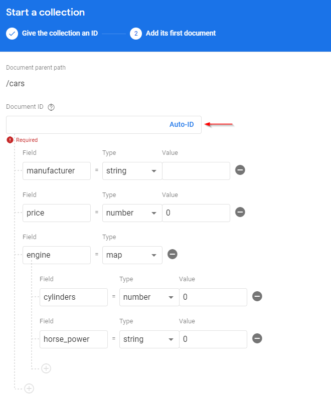 Adding the first document in Firestore