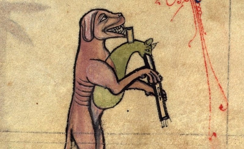 Illustration of a medieval dog playing music