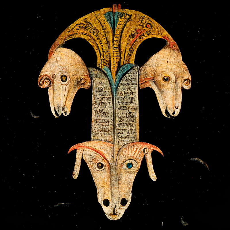 A generative art piece featuring three medieval dog heads