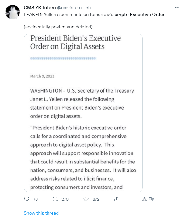 Announcement of potential crypto executive order