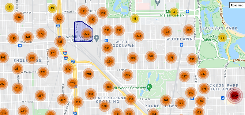 Detailed vector map of crime occurrences in Chicago.