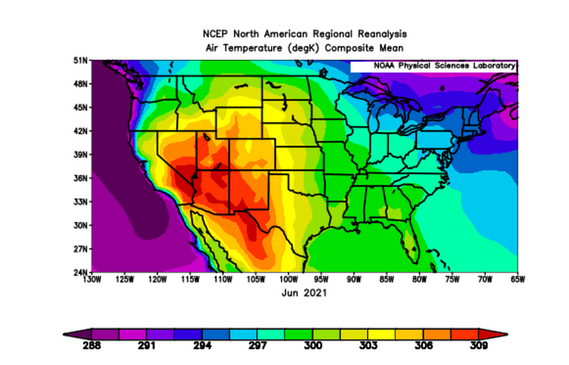 Raster data depicting air temperature across the contiguous United States.