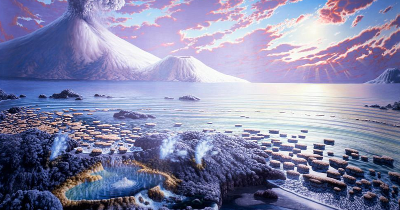 Artistic interpretation of Earth's conditions during the Archean Eon.