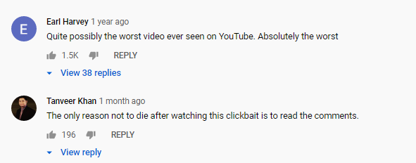 Viewer comments reflecting frustration with clickbait